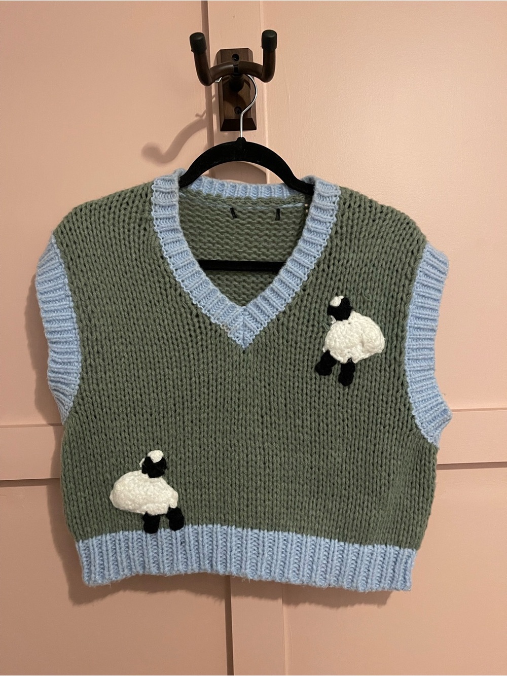 Handknit Green & Light Blue Sheep Embroidered Sweater Vest
